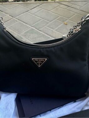 Authentic Prada Black Nylon Shoulder Bag with Chain Strap